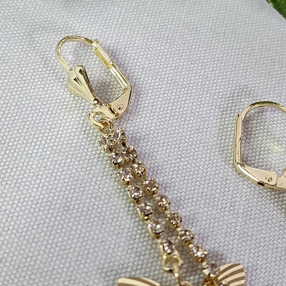 Gold Dangle Earrings with Butterfly and Red Rose Flower - Picture 4 of 11